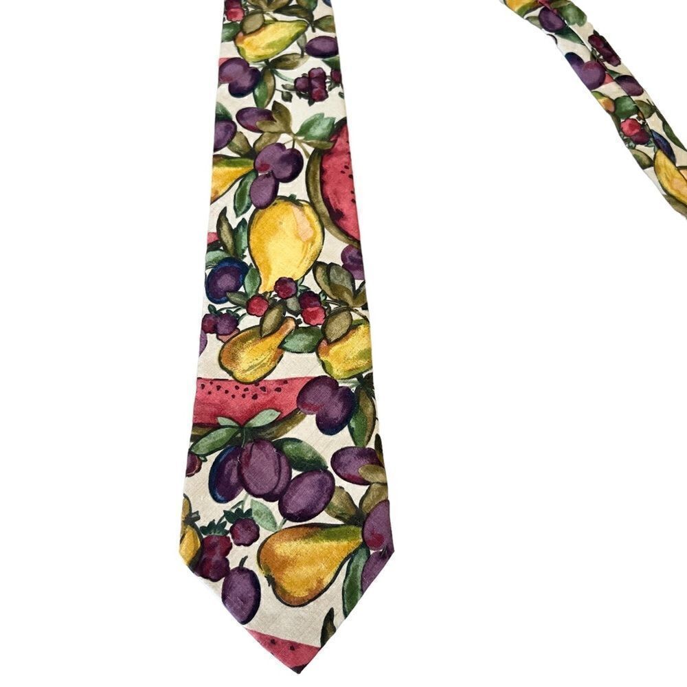 Vintage Lands End Silk Tie Fruit Theme Plums Pears Watermelon Harvest